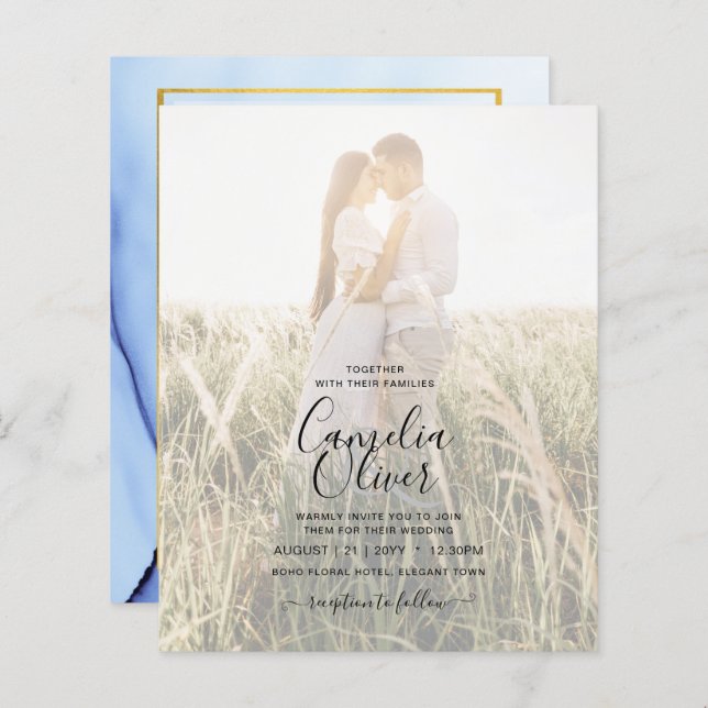 PHOTO WEDDING INVITATION Navy Blue Gold INK LeahG (Front/Back)