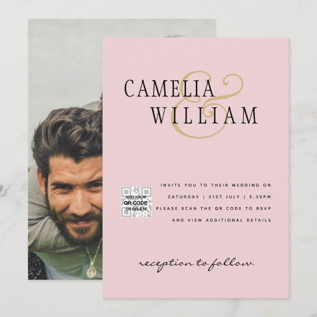 Photo Wedding Invitation QRCode RSVP Blush Pink (Front/Back)