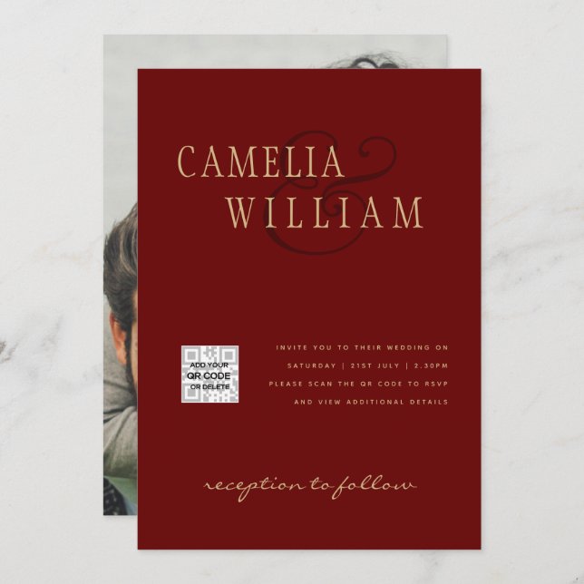 Photo Wedding Invitation QRCode RSVP Burgundy Red (Front/Back)