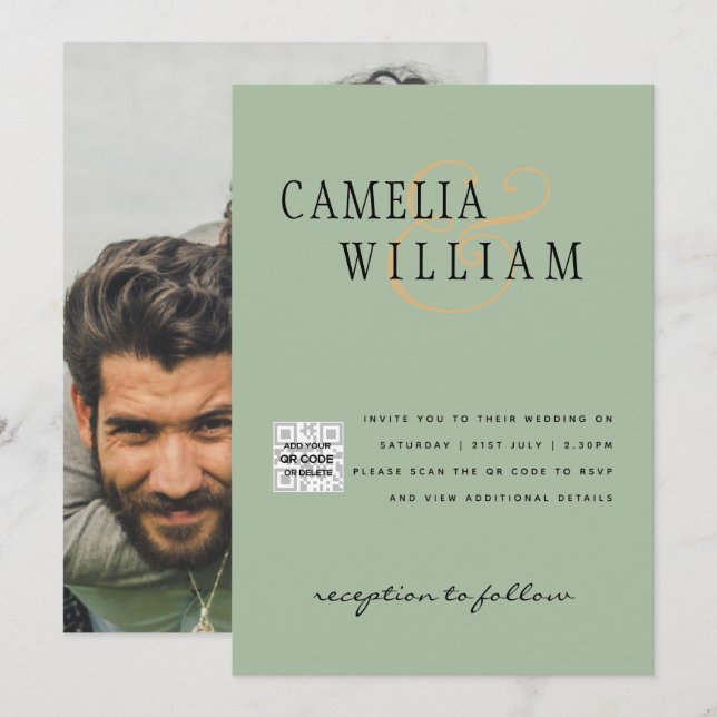Photo Wedding Invitation QRCode RSVP Sage Green (Front/Back)