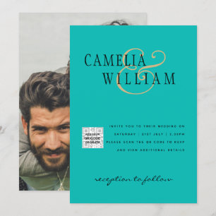 Photo Wedding Invitation QRCode RSVP SeaGlass Teal