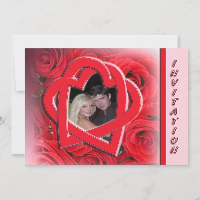 Photo Wedding Invitation - Red Roses and Hearts (Front)