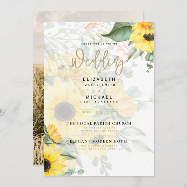 Photo Wedding Invitation with Sunflowers (Front/Back)