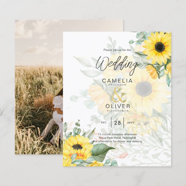 Photo Wedding Invitation with Sunflowers (Front/Back)