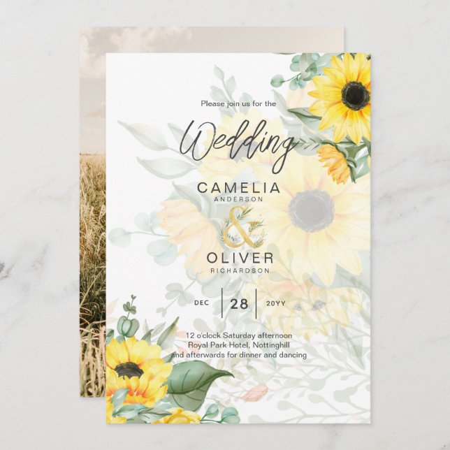 Photo Wedding Invitation with Sunflowers (Front/Back)