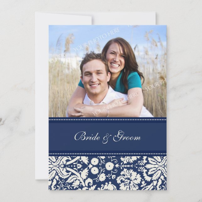 Photo Wedding Invitations Blue Cream Damask (Front)