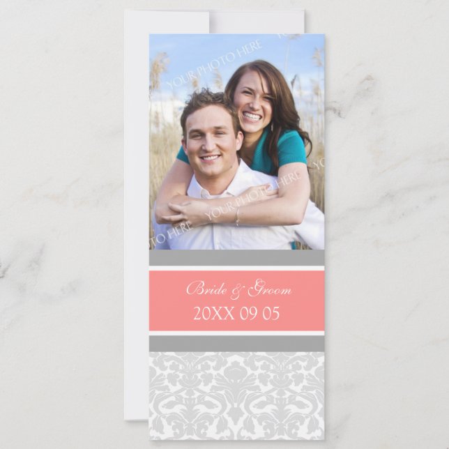 Photo Wedding Invitations Coral Grey Damask (Front)