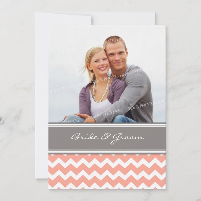 Photo Wedding Invitations Grey Coral Chevron (Front)