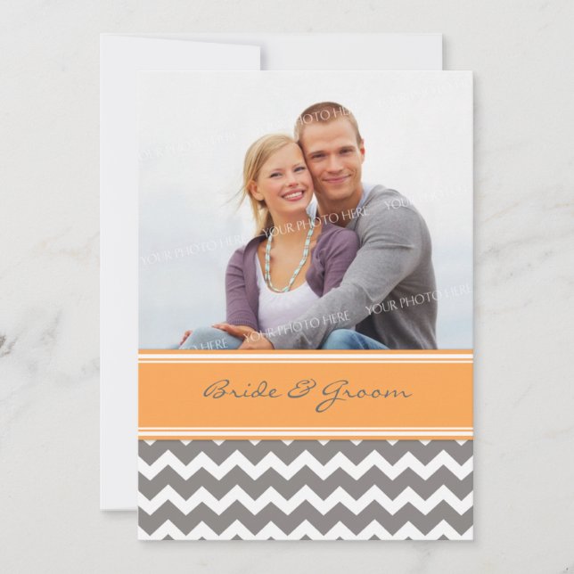Photo Wedding Invitations Grey Orange Chevron (Front)