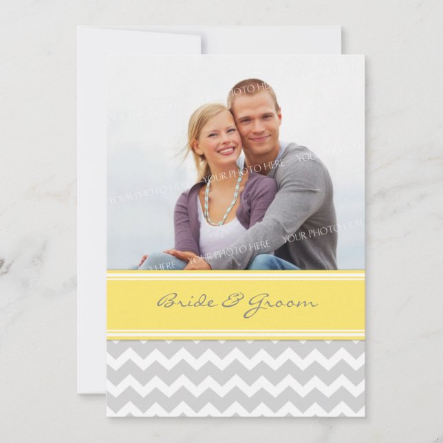 Photo Wedding Invitations Grey Yellow Chevron (Front)