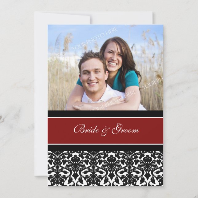 Photo Wedding Invitations Red Black Damask (Front)