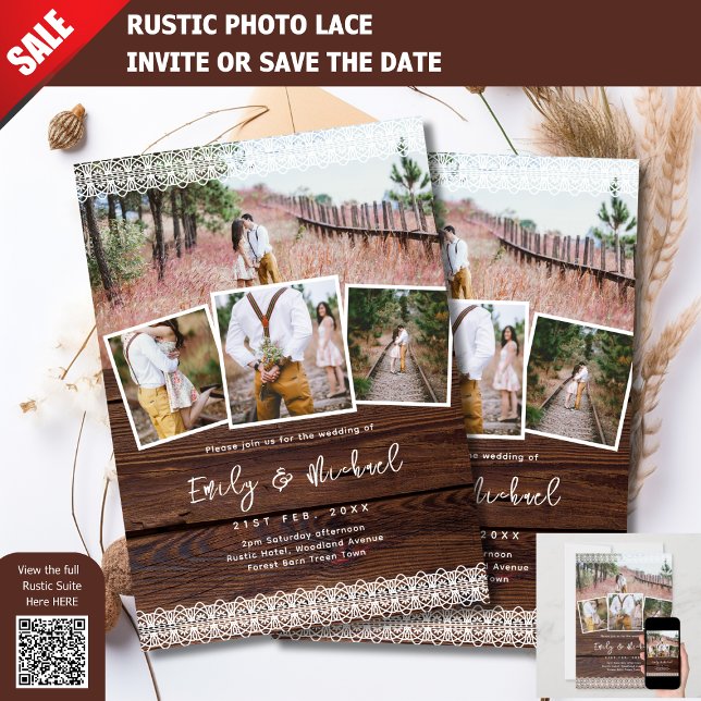 PHOTO WEDDING INVITATIONS RUSTIC LACE BOHO BARN    (Creator Uploaded)
