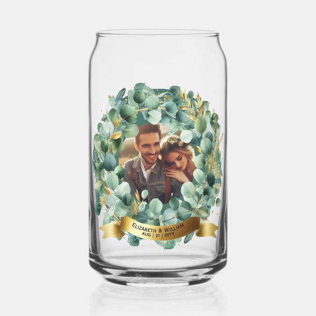 PHOTO Wedding Newlyweds Eucalyptus Leaves Gift   Can Glass (Front)
