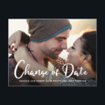 Photo Wedding Postponement Change of Date Announcement Postcard<br><div class="desc">Even though circumstances require you to postpone your wedding date, show your guests your love goes on with your favourite engagement photograph on this wedding change of date announcement postcard. "Change of Date" is written in large contemporary white script across the bottom of your photo, and underneath you can personalise...</div>