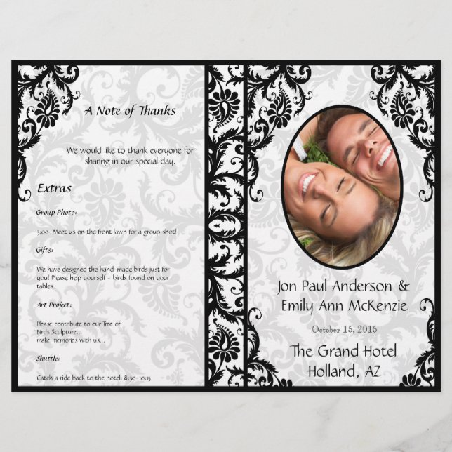 Photo Wedding Program Black Damask (Front)