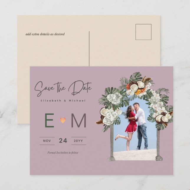Photo Wedding Save the Date Mauve Floral Postcard (Front/Back)