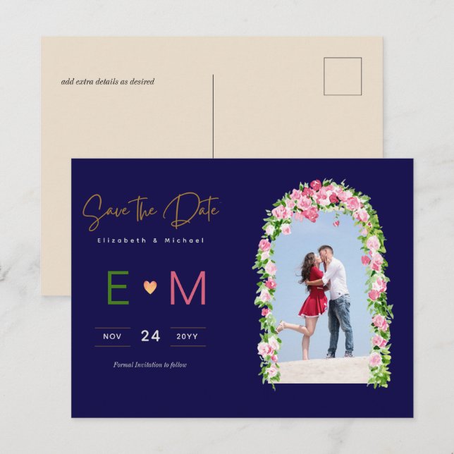 Photo Wedding Save the Date Navy Pink Floral Postcard (Front/Back)