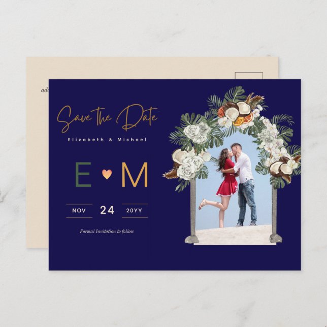 Photo Wedding Save the Date Navy Terracotta Floral Postcard (Front/Back)