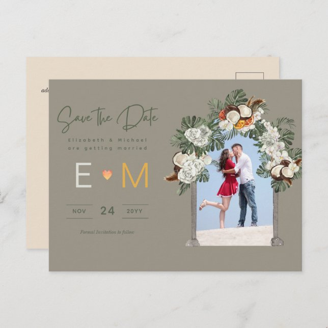 Photo Wedding Save the Date Olive Green Sage Flora Postcard (Front/Back)