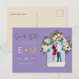Photo Wedding Save the Date Purple Gold Floral Postcard