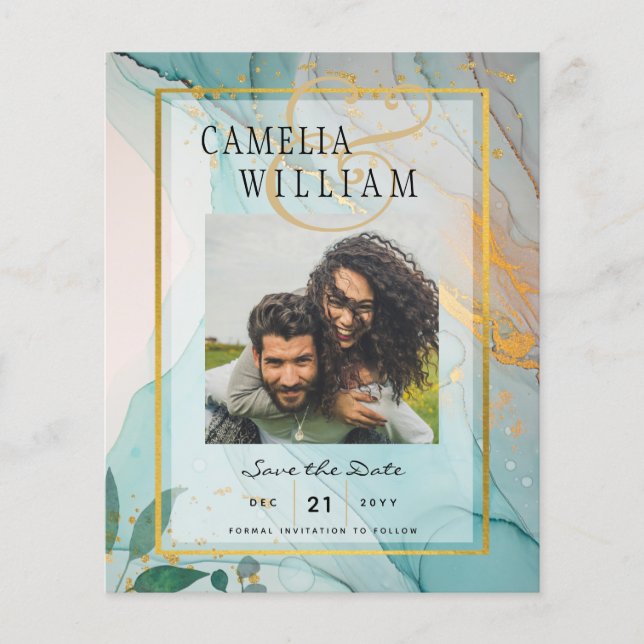 PHOTO WEDDING SAVE THE DATE Teal Gold Ink LeahG Flyer (Front)