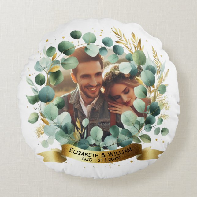 PHOTO Wedding Thank You Eucalyptus Leaves Gift   Round Cushion (Front)