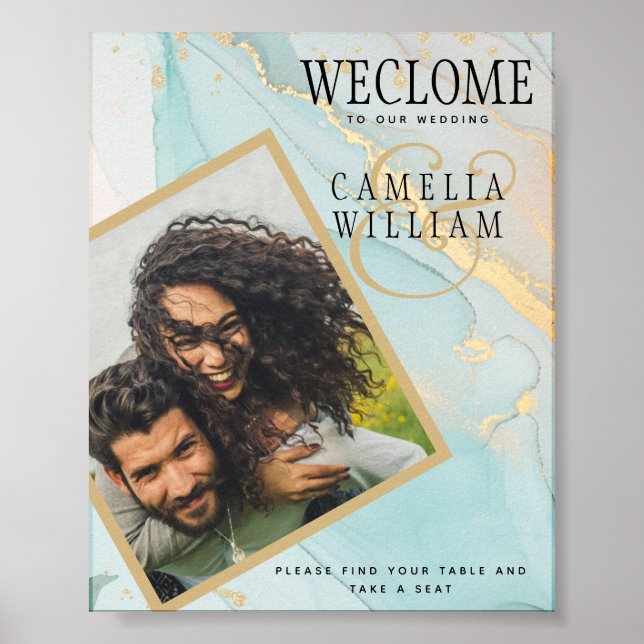PHOTO WEDDING WELCOME SIGN Sea Glass Teal Gold Ink (Front)