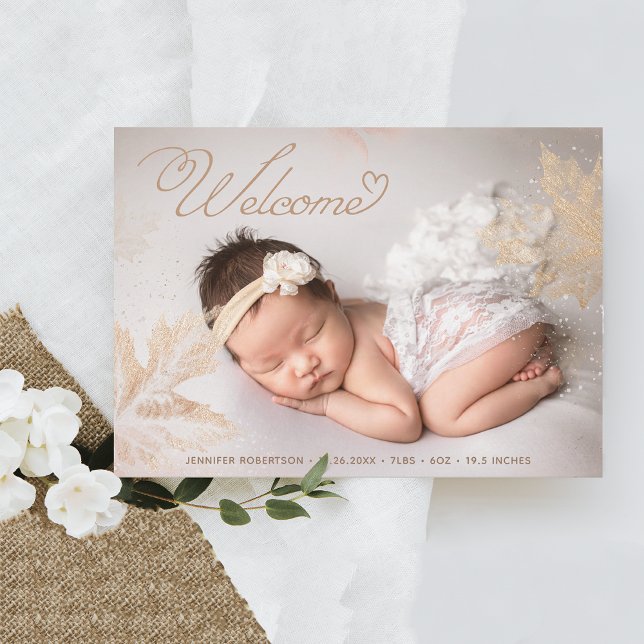 Photo Welcome Baby Gold Leaves Botanical Birth Announcement (Creator Uploaded)