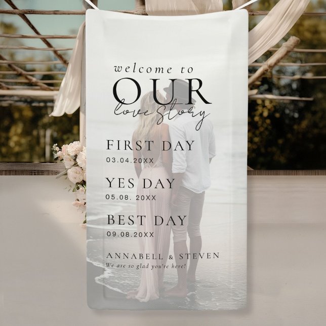 Photo WELCOME TO OUR LOVE STORY Banner (WELCOME TO OUR LOVE STORY Banner. First Day, Yes Day, Best Day! Personalized Photo, Name, Dates.)