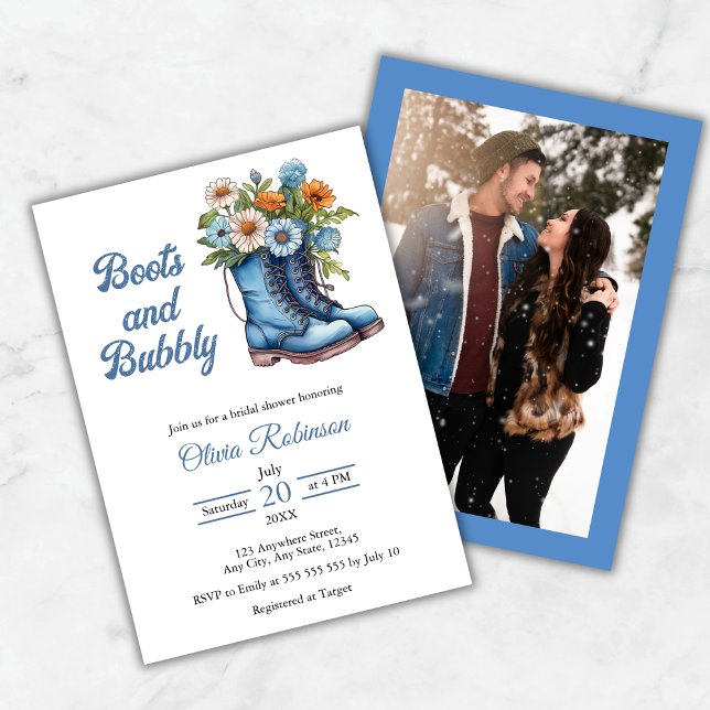 Photo Western Blue Boots & Bubbly Bridal Shower  Invitation (Photo Western Blue Boots & Bubbly Bridal Shower Invitation )