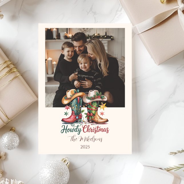 Photo Western Cowboy Boots Rustic Howdy Christmas Holiday Card (Creator Uploaded)