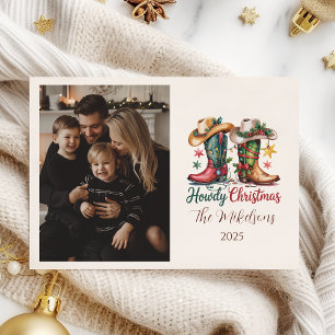 Photo Western Cowboy Boots Rustic Howdy Christmas Holiday Card