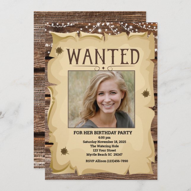Photo Western Funny Wanted Poster Birthday Party Invitation (Front/Back)