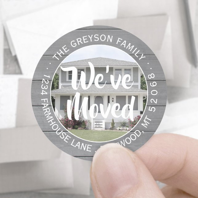 Photo We've Moved Grey Wood Return Address Label (Creator Uploaded)