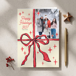 Photo Whimsical Charming Hand Drawn Red Bow Holiday Card