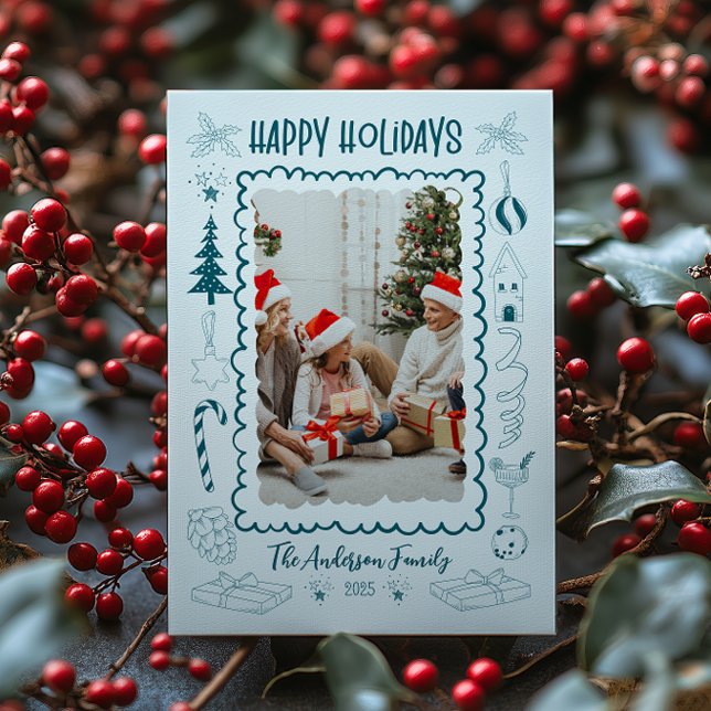 Photo Whimsical Quirky Doodle Holiday Card (Creator Uploaded)