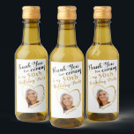 Photo White Black Gold Thank You 50th Birthday Wine Label<br><div class="desc">Create unique white, black and gold Thank You mini wine bottle labels for the 50th birthday party favours with an elegant design that features a photo in a heart shape frame, the name of the birthday lady, and the fiftieth milestone. Use the template to type your first and last name...</div>