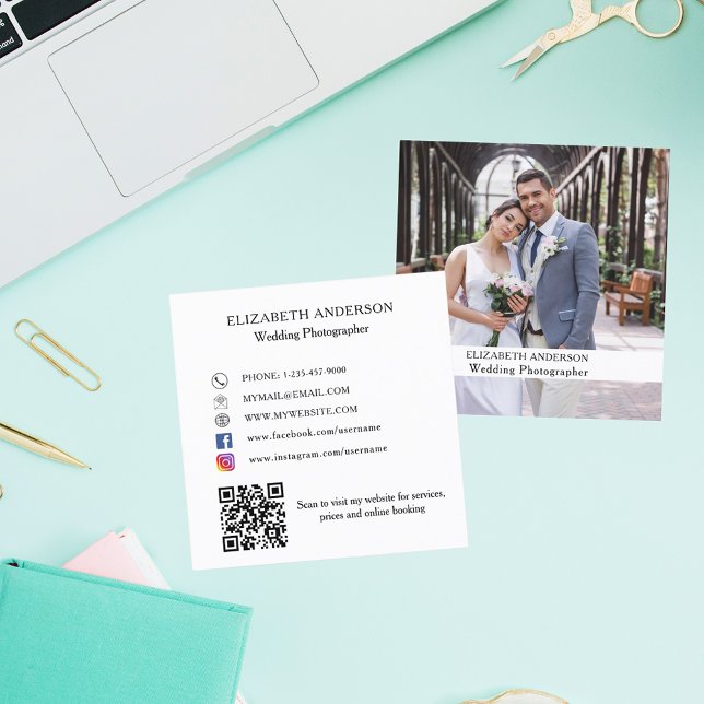 Photo white black QR code social media Square Business Card (Creator Uploaded)