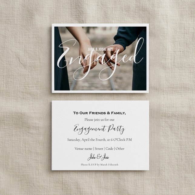 Photo white border engaged announcement party card (Photo white border engaged announcement party card with elegant easy to read script.)