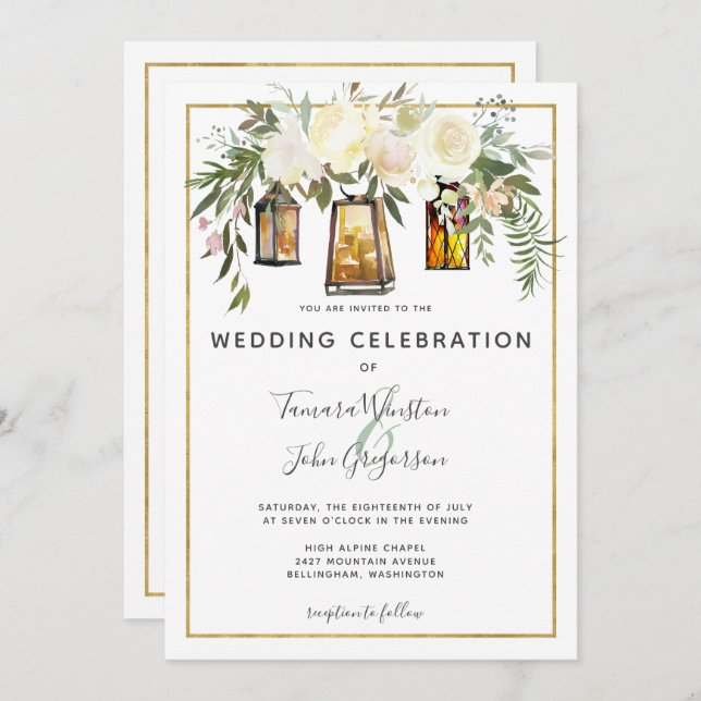 Photo White Floral Rustic Lanterns Wedding Invitation (Front/Back)
