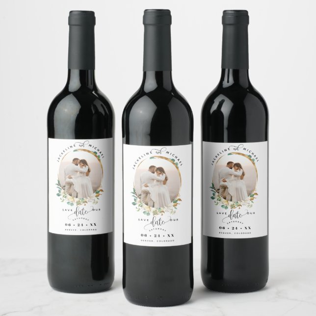 Photo, White Gold Floral, Wedding Save the Date Wi Wine Label (Bottles)