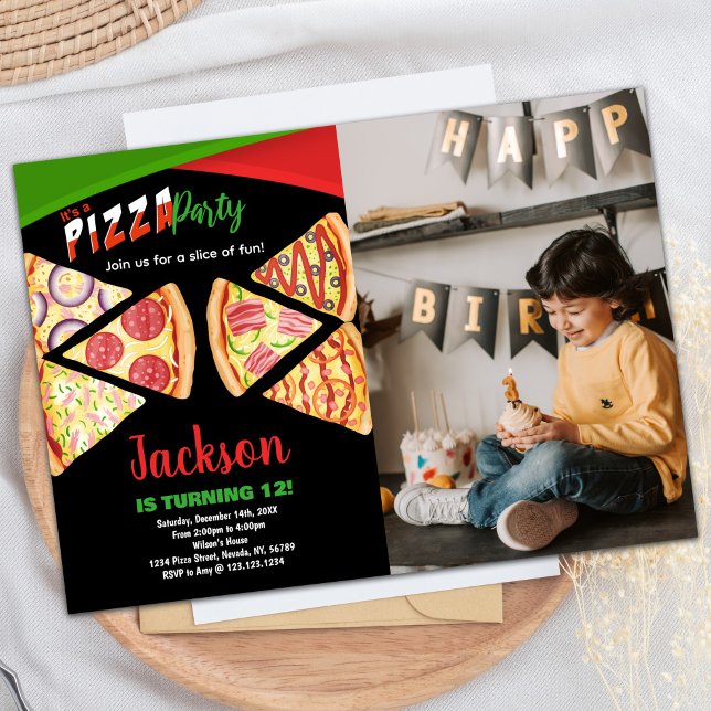 Photo White Red Green Pizza Birthday Invitations (Photo White Red Green Pizza Birthday Invitations)