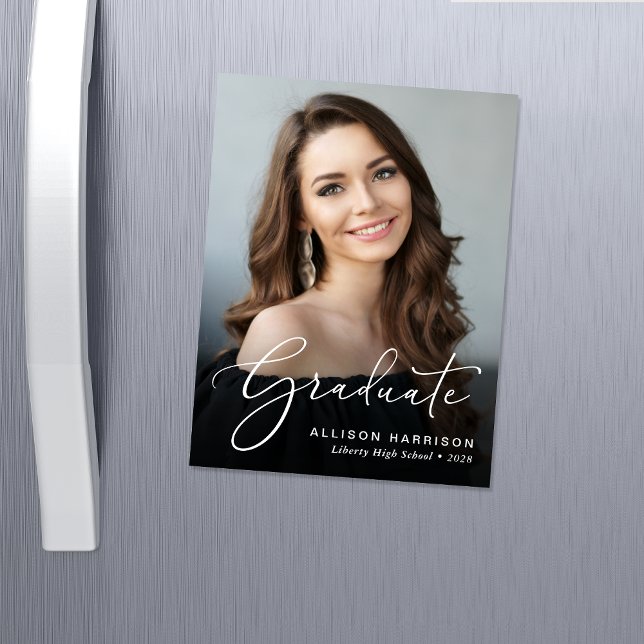 Photo White Script 2022 Graduation Announcement (An elegant photo graduation announcement magnet to celebrate the graduate's achievements)