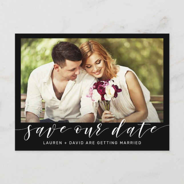 Photo White Script on Black Wedding Save the Date Announcement Postcard (Front)