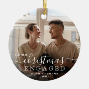 Photo White Typography First Christmas Engaged  Ceramic Tree Decoration