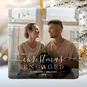 Photo White Typography First Christmas Engaged Ceramic Tree Decoration