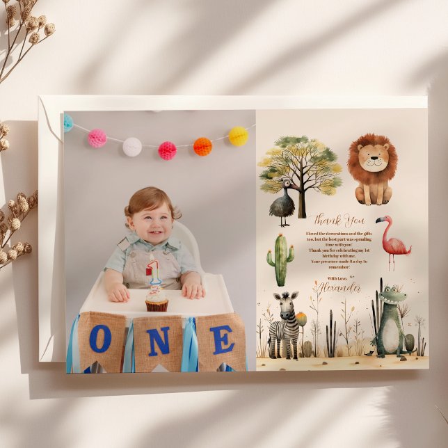 Photo Wild One Jungle Safari Animals Boy 1st Thank You Card (Creator Uploaded)