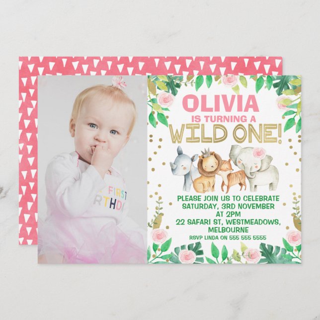 Photo Wild One Safari 1st Birthday Invitation (Front/Back)
