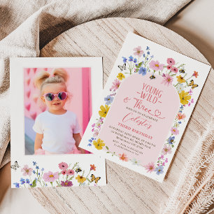 Photo Wildflower Young Wild Three 3rd Birthday Invitation