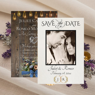 Photo, Wildflowers & Leaf Monogram - Blue Save The Date